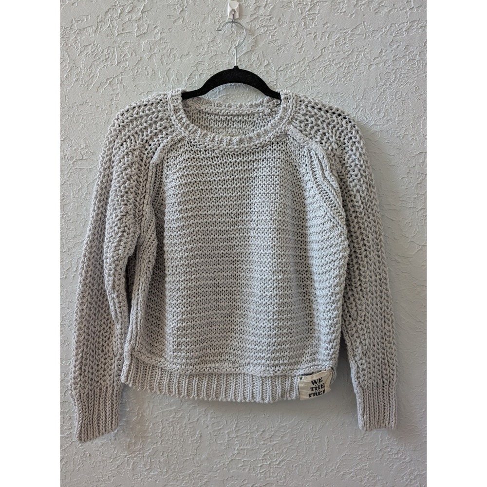 We The Free Linen Sweater Womens XS 100% Linen Gray Chunky Open Knit Pullover
